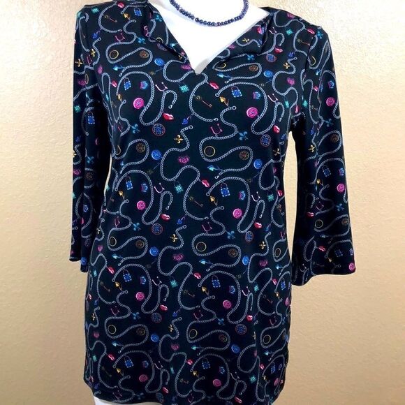 Nicole Miller black bracelet charms print top - Picture 1 of 4